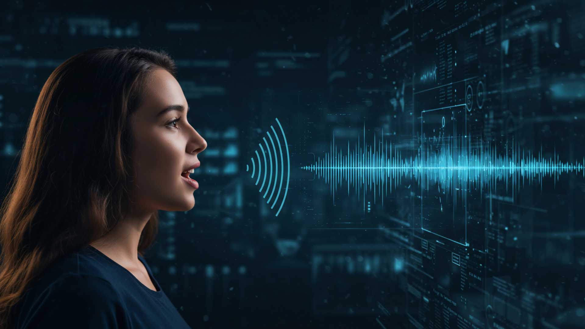 Mulher jovem de perfil a falar, com ondas sonoras digitais azuis a saírem da sua boca em direção a uma interface virtual com gráficos tecnológicos, representando a aplicação de inteligência artificial no reconhecimento e análise da fala.